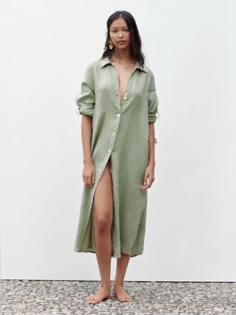 Zara Olive-Green Linen Button-Front Shirt Dress